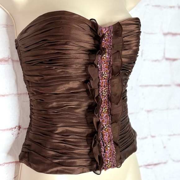 KAY UNGER Tops - KAY UNGER Brown Ruched 100% Silk Bustier Corset Embellished Ruffle Size 4